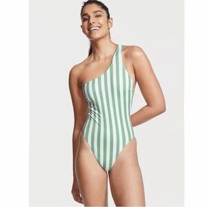 Victoria's Secret One Shoulder Mint Green White Striped One Piece Swimsuit Sz M